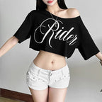 Women's Asymmetric Off Shoulder Graphic Crop T-Shirt for Contemporary Streetwear Casual Fashion Style