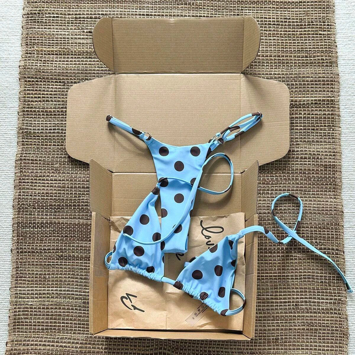 Light Blue and Brown Polka Dot Classic Tie-Side String Bikini Set