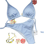 Light Blue and White Striped Triangle String Bikini Set