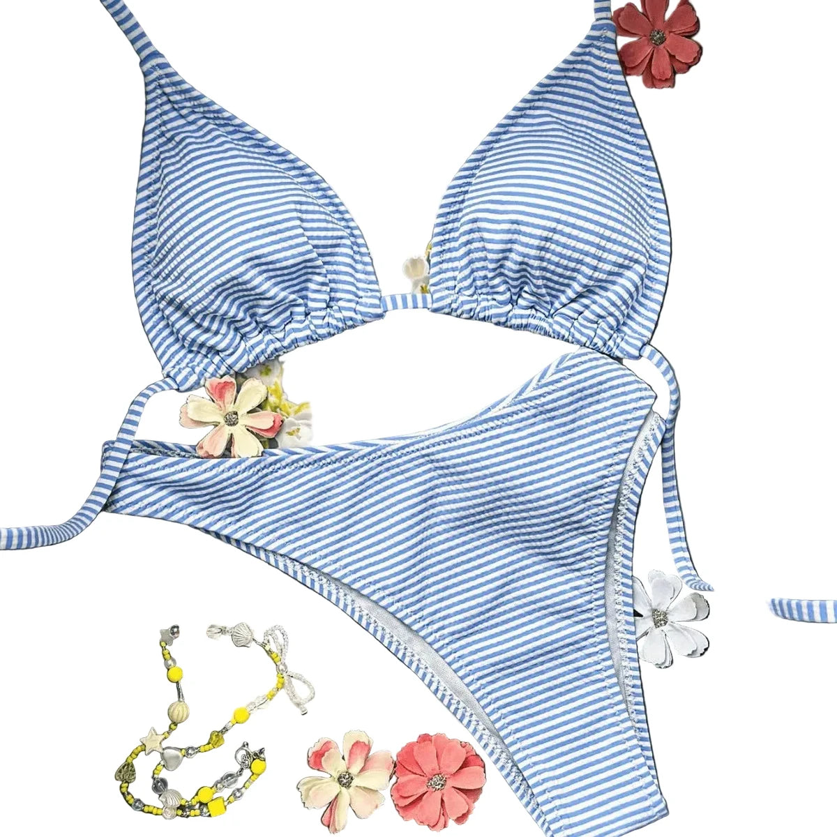 Light Blue and White Striped Triangle String Bikini Set