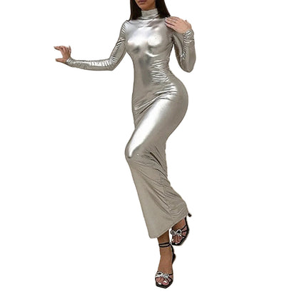 Shimmer Bodycon Maxi Dress with Open Back and Long Sleeves