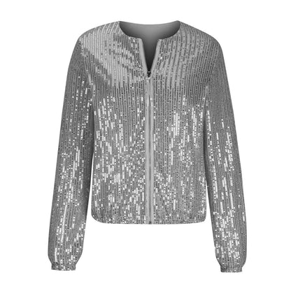 Women's Glitter Zip-Up Bomber Jacket with Relaxed Fit and Statement Evening Streetwear Style