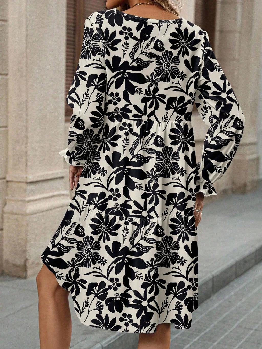 Tiered Long Sleeve A-Line Mini Dress with Relaxed Flowing Silhouette