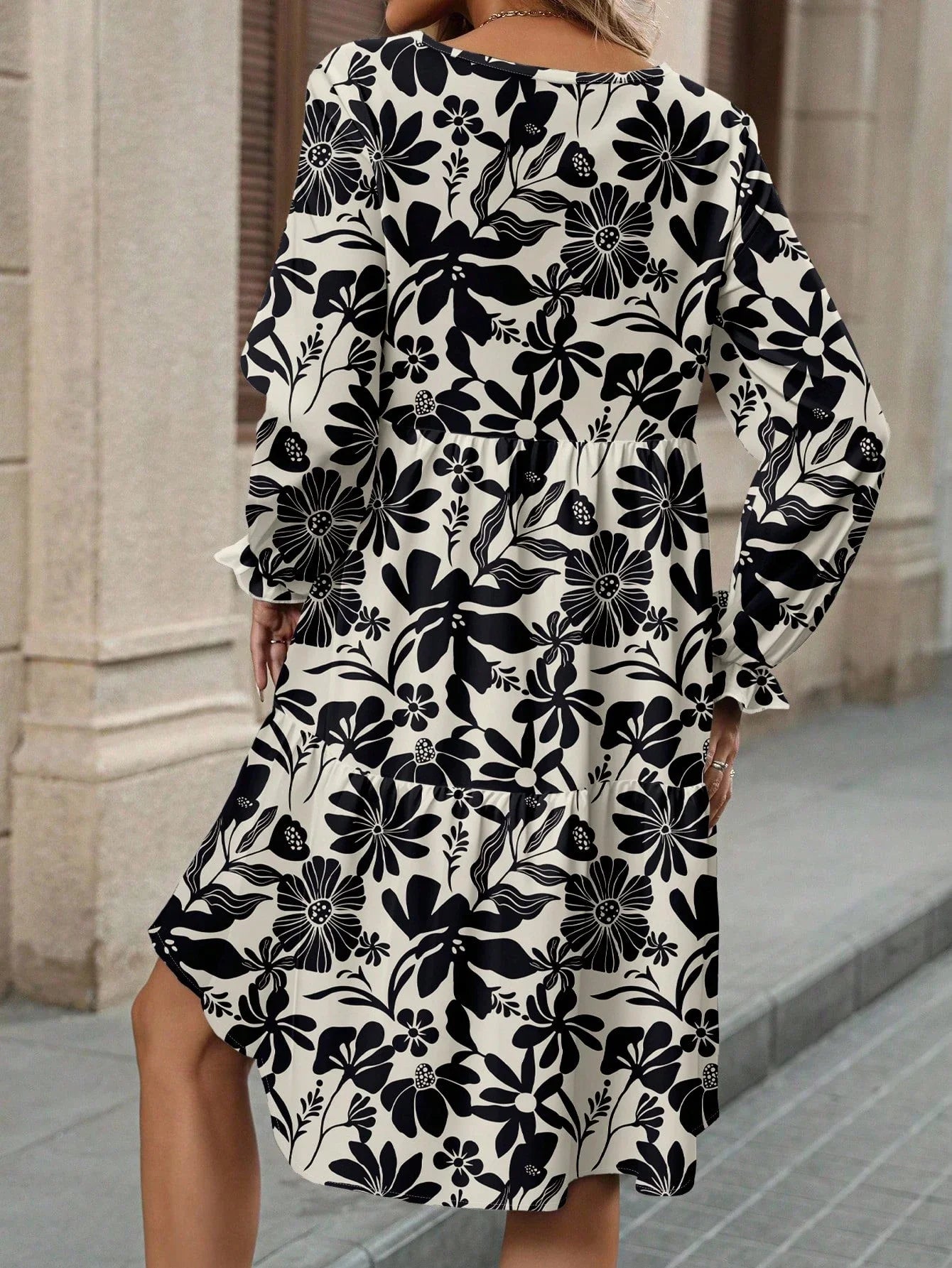 Tiered Long Sleeve A-Line Mini Dress with Relaxed Flowing Silhouette