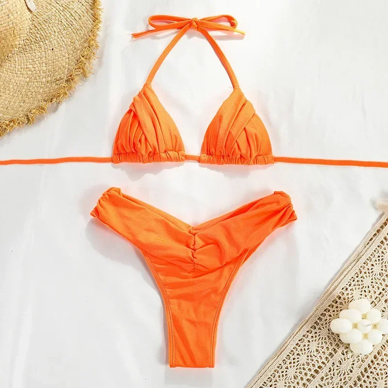 Bright Orange Halter Triangle Bikini with Ruched Bottom Detailing