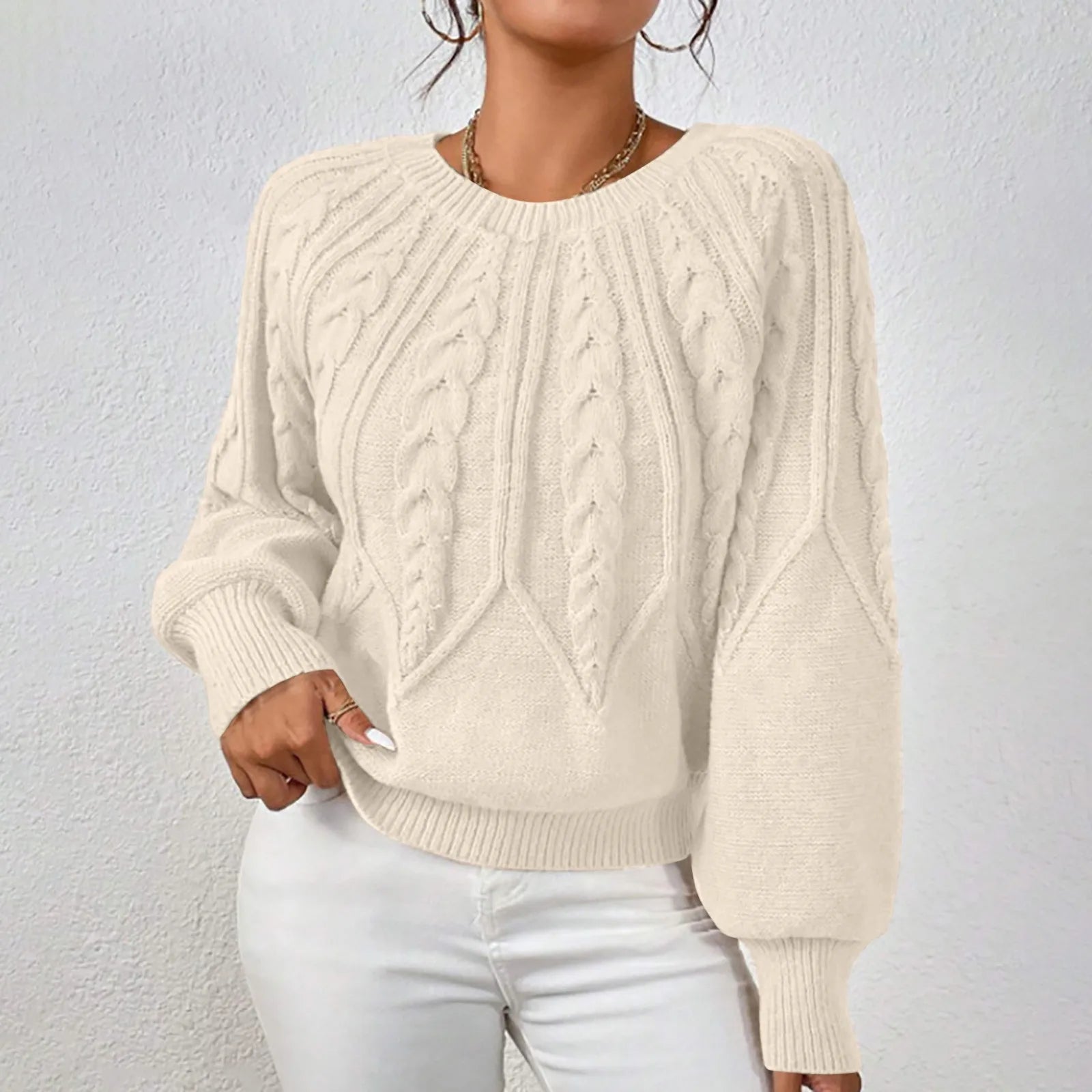 Women's Textured Cable Knit Crew Neck Relaxed Fit Sweater Pullover