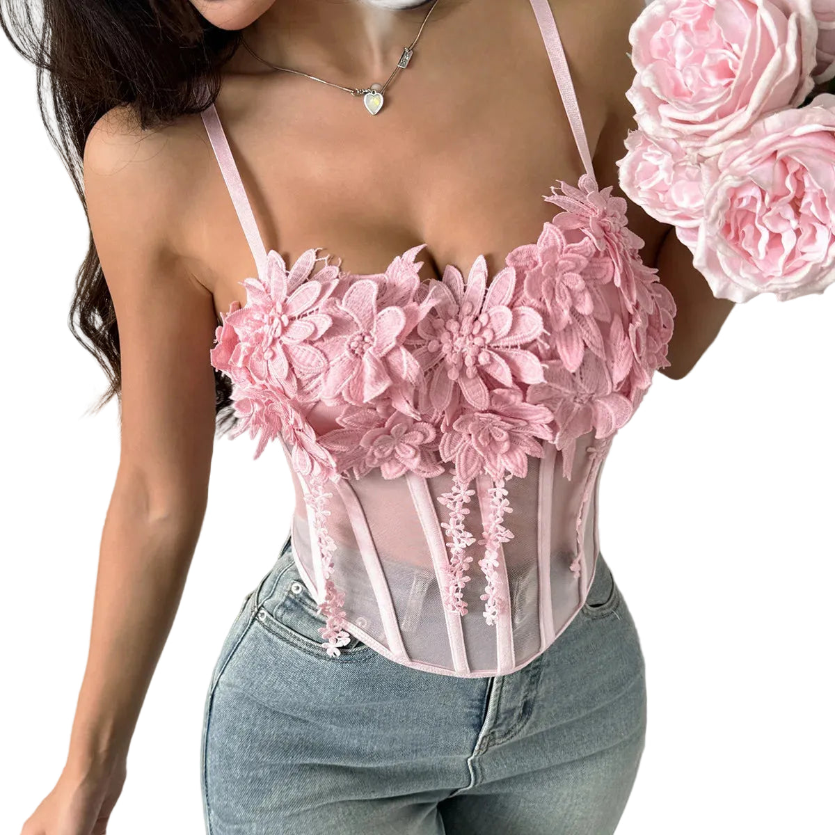 Romantic Light Pink Sheer Mesh Bustier with 3D Floral Appliques and Slender Straps