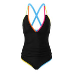 Color-Contrast Deep V-Neck One-Piece Swimsuit with Open Back, Racerback Straps and Sporty Monokini Silhouette