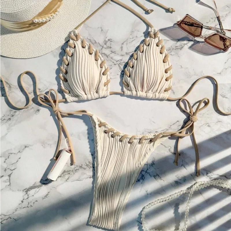 Textured Cream String Bikini with Braided Contrast Border Trim