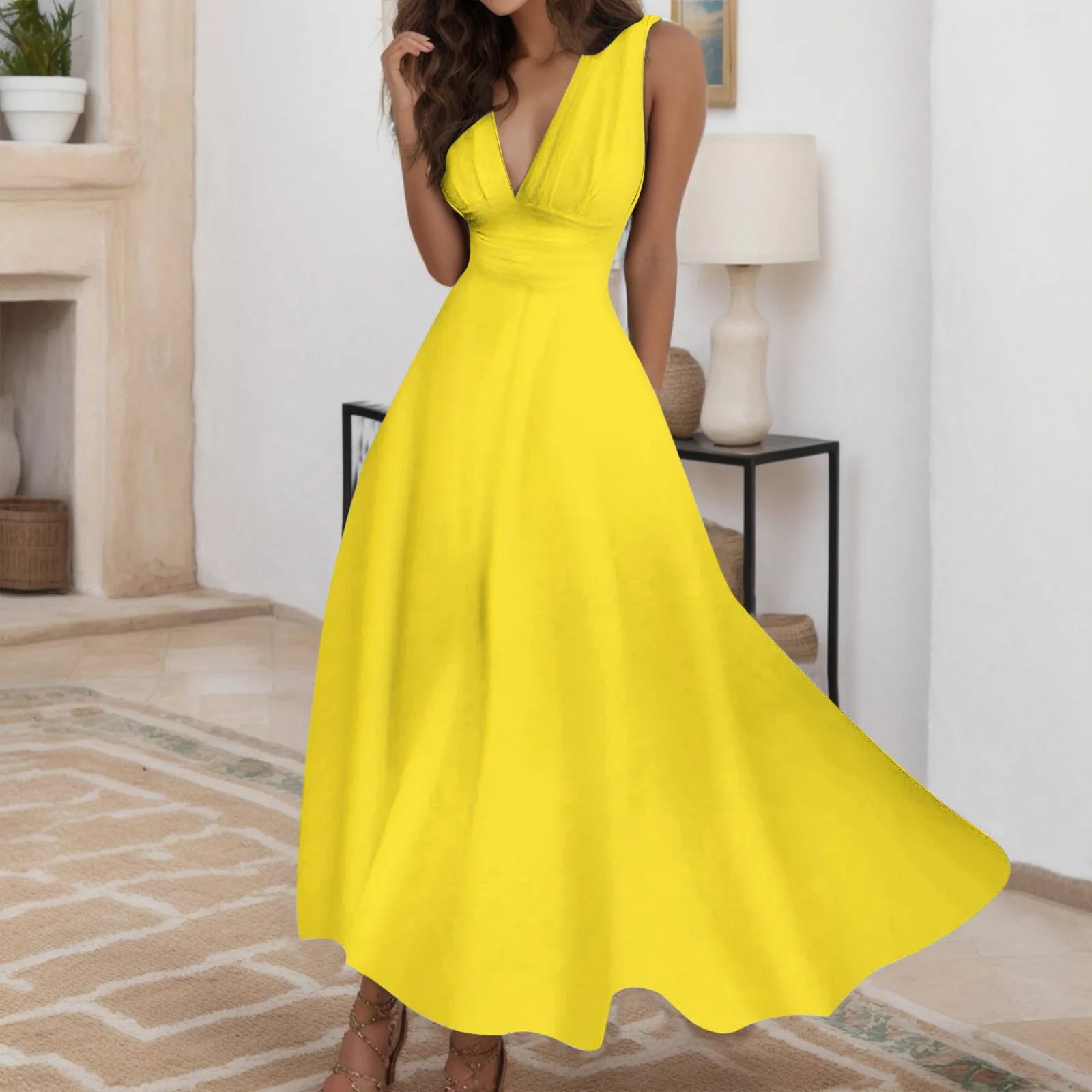 Deep V Neck Sleeveless Maxi Dress with Flowy A-Line Silhouette