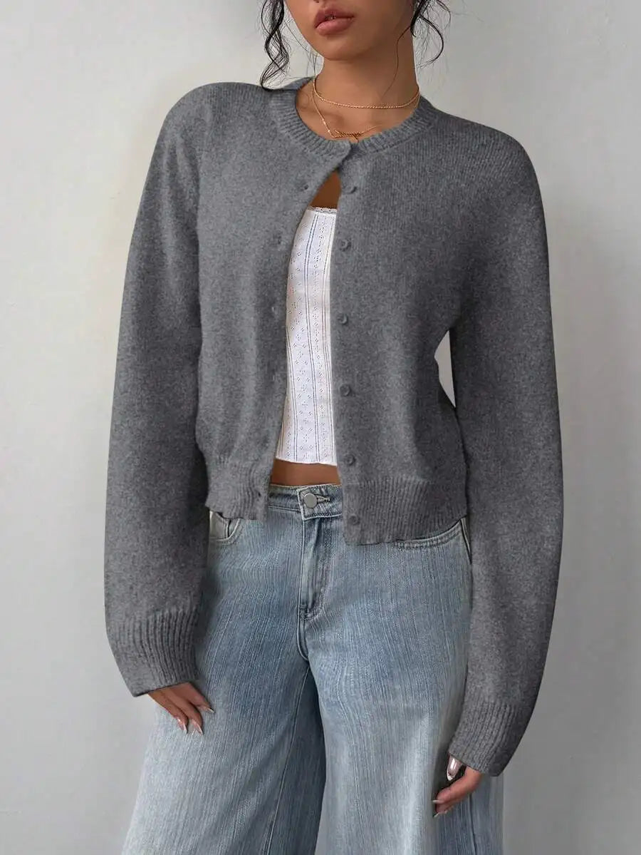 Women's Cropped Crew Neck Relaxed Fit Minimalist Knit Sweater
