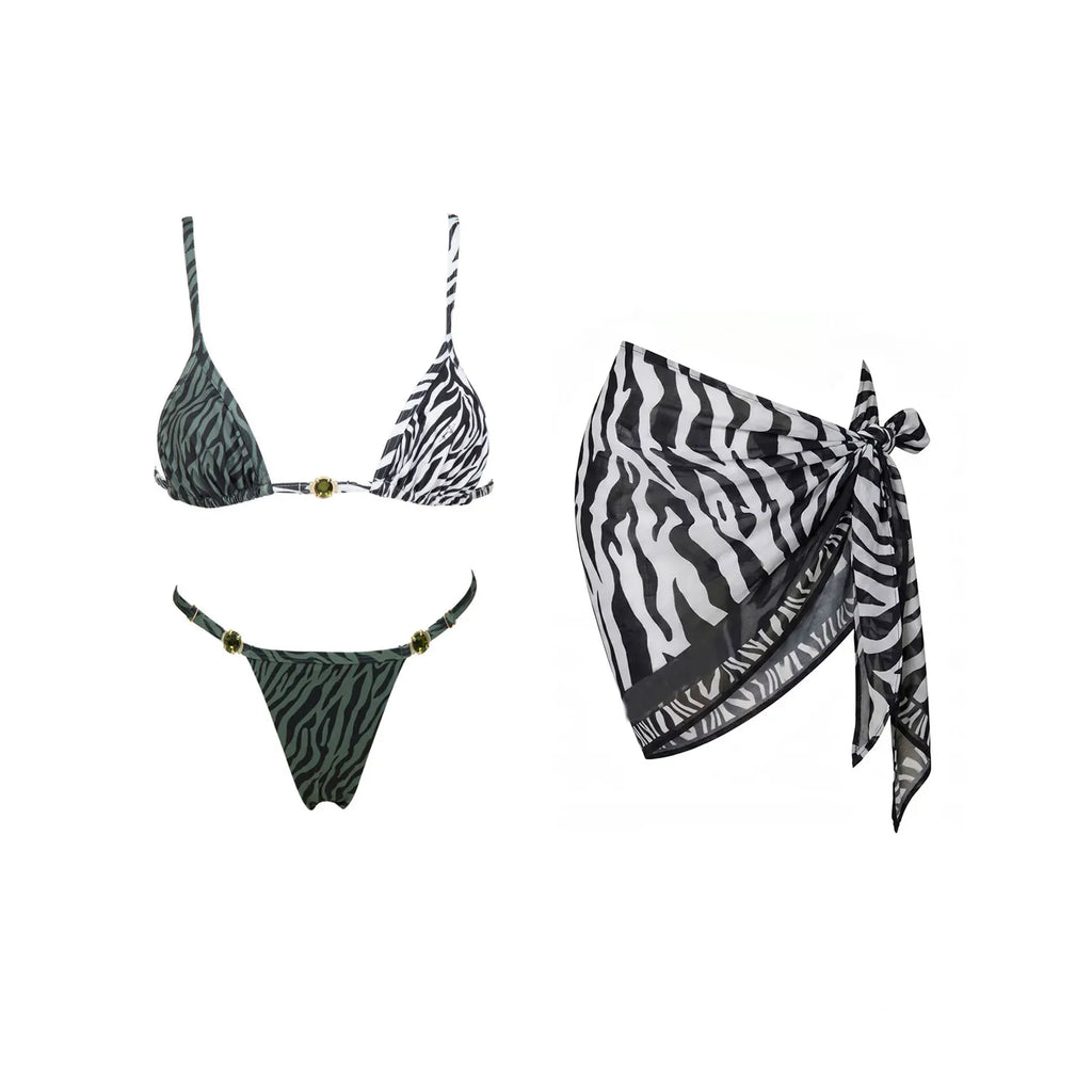 Three-Piece Zebra Print Swimwear Set with Matching Sheer Mesh Pants