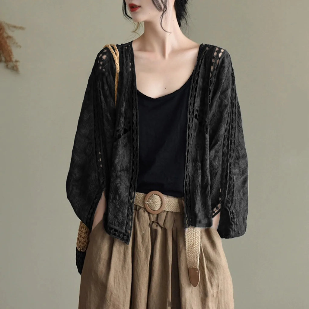 Women's Open Front Lightweight Knit Cardigan with Relaxed Three Quarter Sleeves