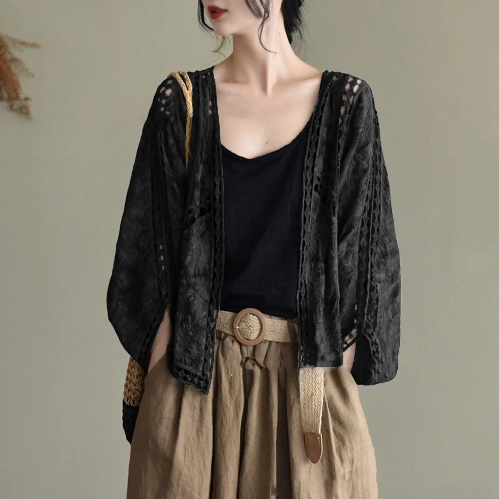 Women's Open Front Lightweight Knit Cardigan with Relaxed Three Quarter Sleeves