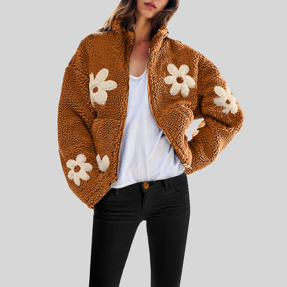 Women's Plush Floral Fleece Zip Jacket with Cozy Contemporary Casual Streetwear Style