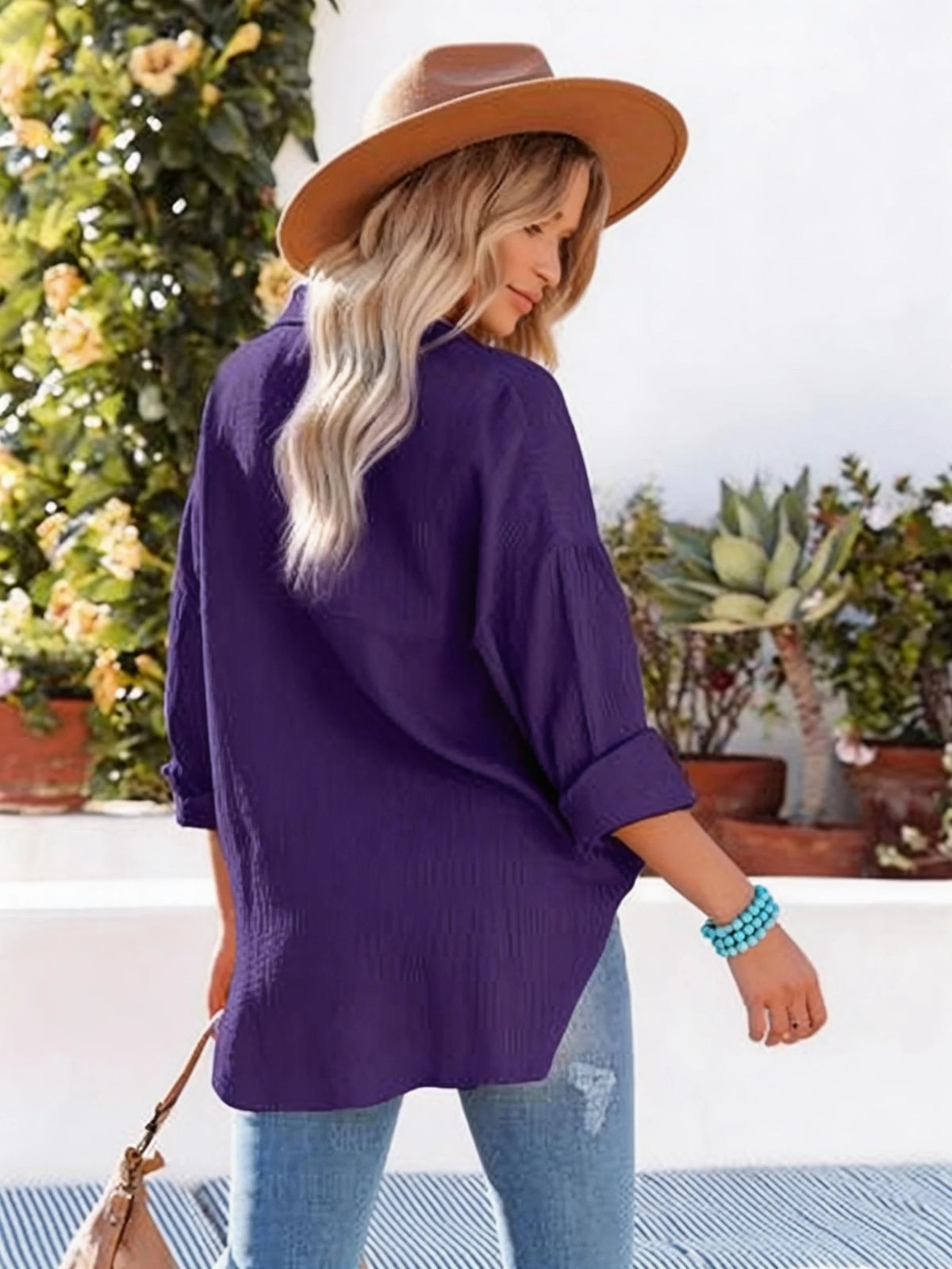 Relaxed Fit Deep Purple Button-Down Blouse with Chest Pocket and Classic Collar