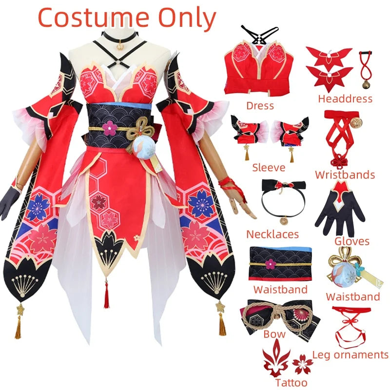 Elaborate Floral Kimono-Style Cosplay Costume with Fox Mask and Flowing Sleeves