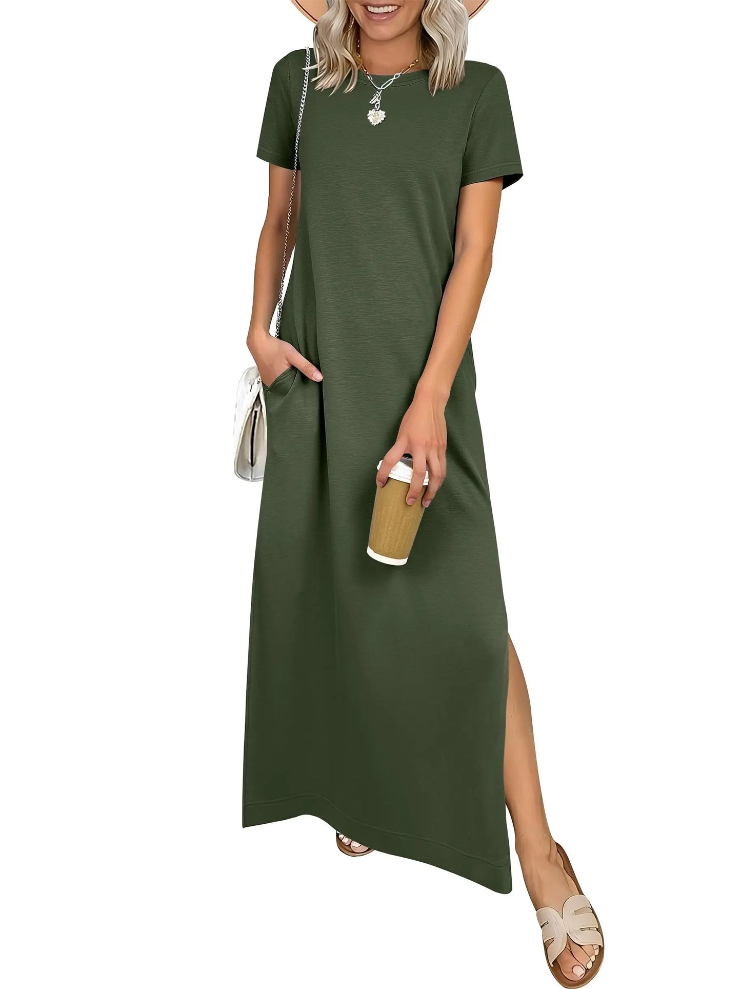 Relaxed Crew Neck Maxi Dress with Side Slits and Functional Pockets