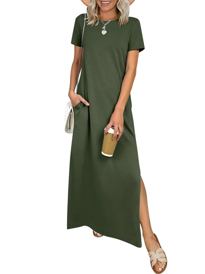 Relaxed Crew Neck Maxi Dress with Side Slits and Functional Pockets