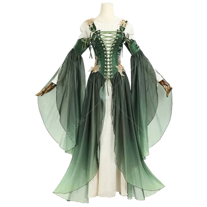 Women's Medieval-Inspired Chiffon Maxi Dress with Flowing Sleeves and Layered Skirt Design