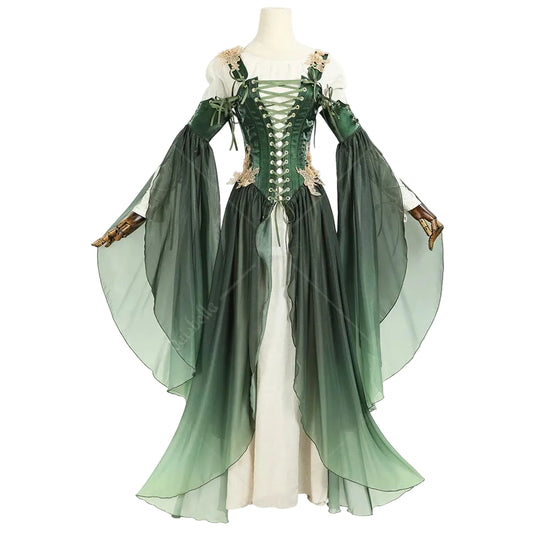 Women's Medieval-Inspired Chiffon Maxi Dress with Flowing Sleeves and Layered Skirt Design