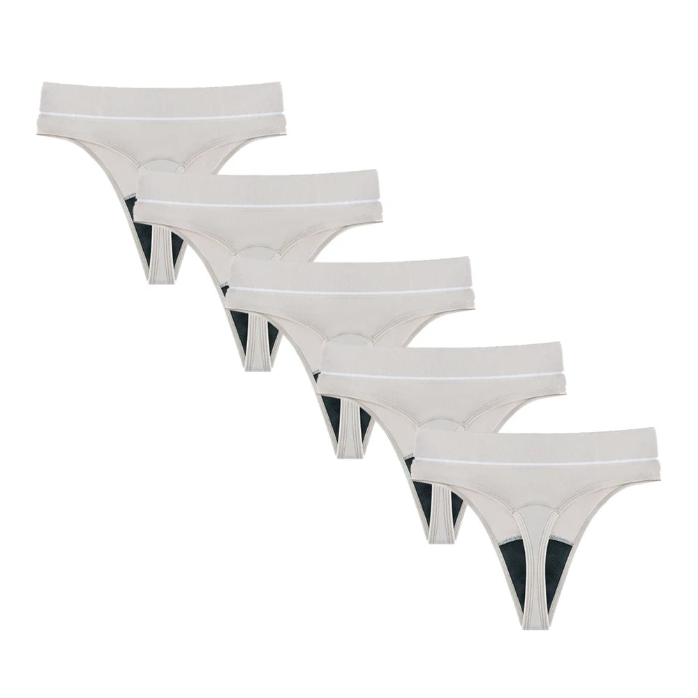 Five-Piece High-Waisted Absorbent Menstrual Thong Set with Lace Waistbands