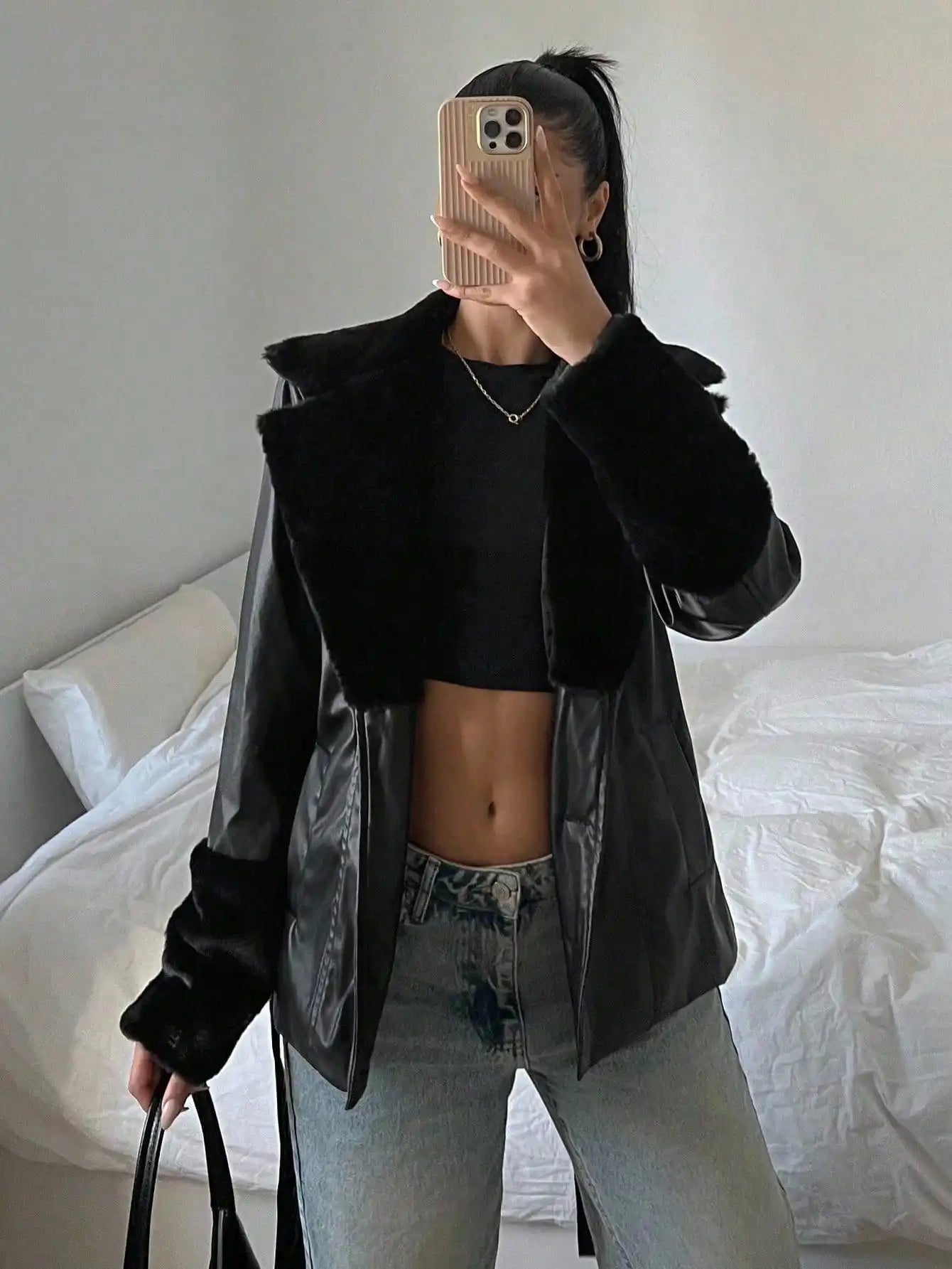 Belted Faux Leather Trim Wrap Jacket with Contemporary Streetwear Styling