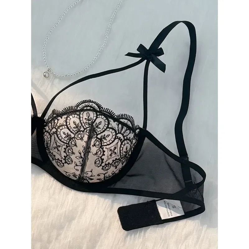 Sheer Embroidered Demi Bra and Strappy Cutout Thong Set with Bow-Accented Harness Details