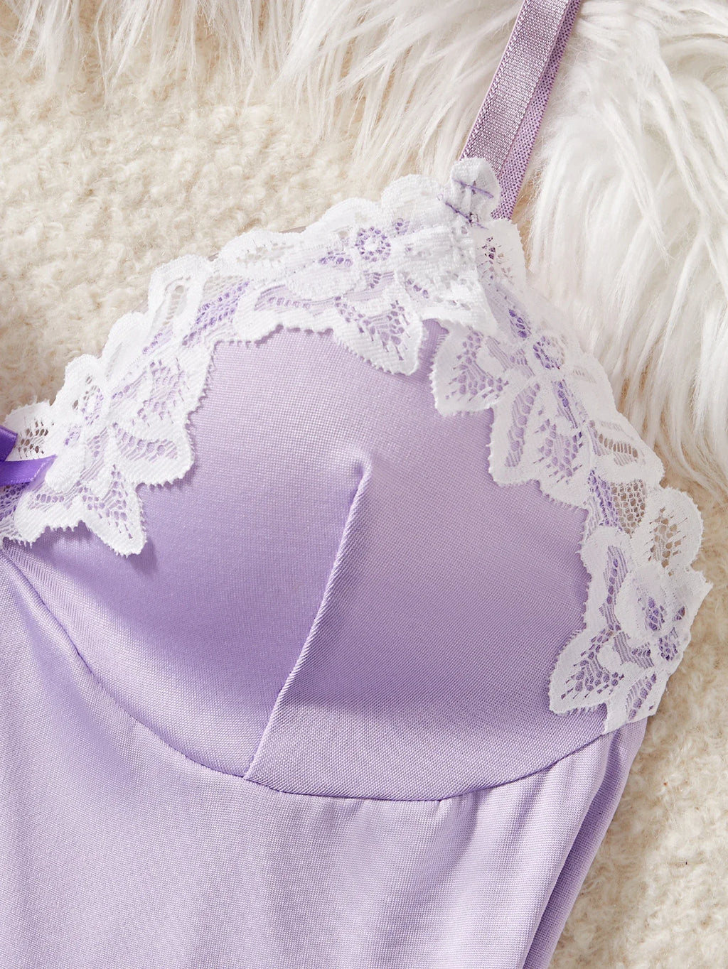 Lavender Lace-Trimmed Babydoll Nightdress with Matching Panty and Side Slit Detail