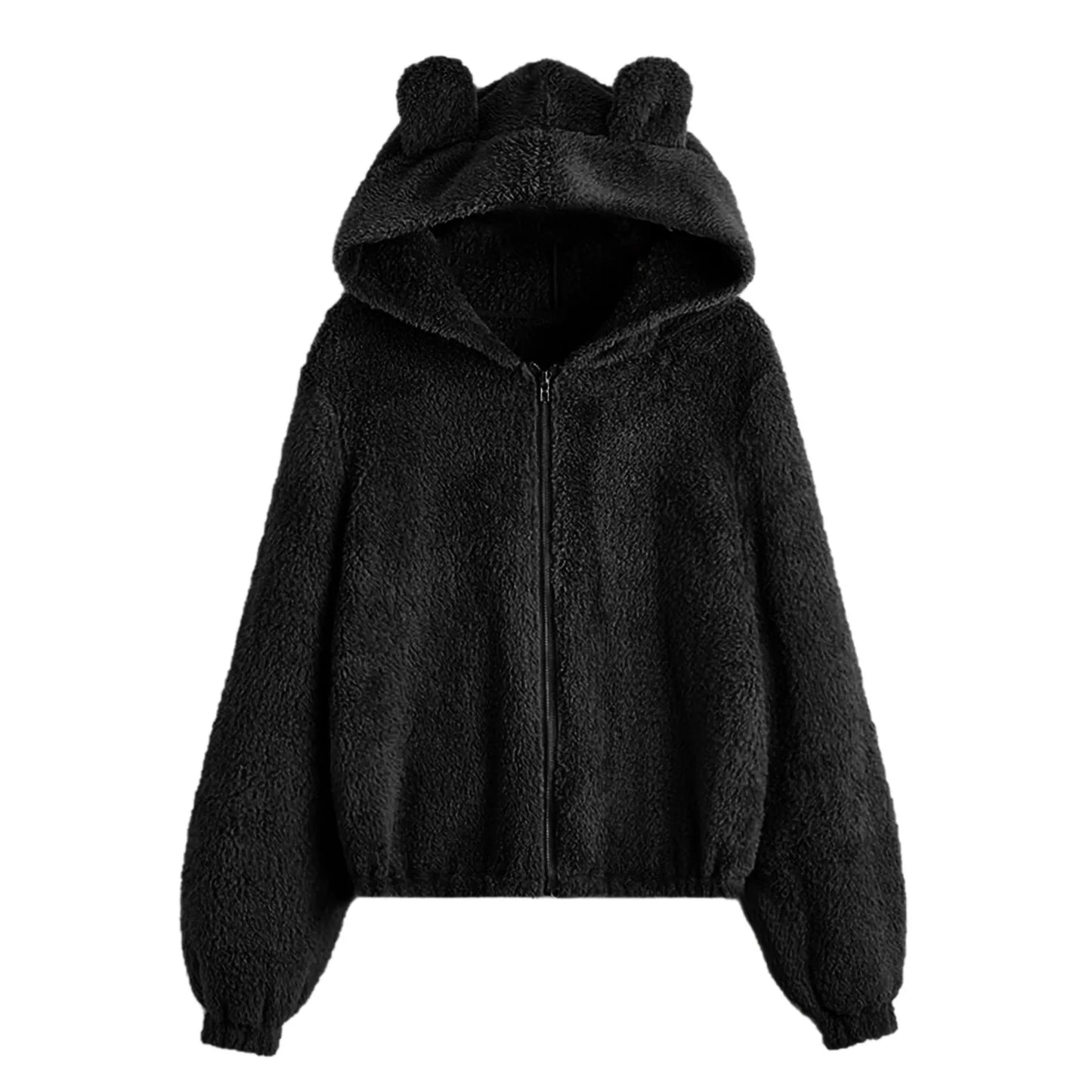 Women's Plush Zip-Up Hoodie with Bear Ear Hood Relaxed Casual Everyday Style
