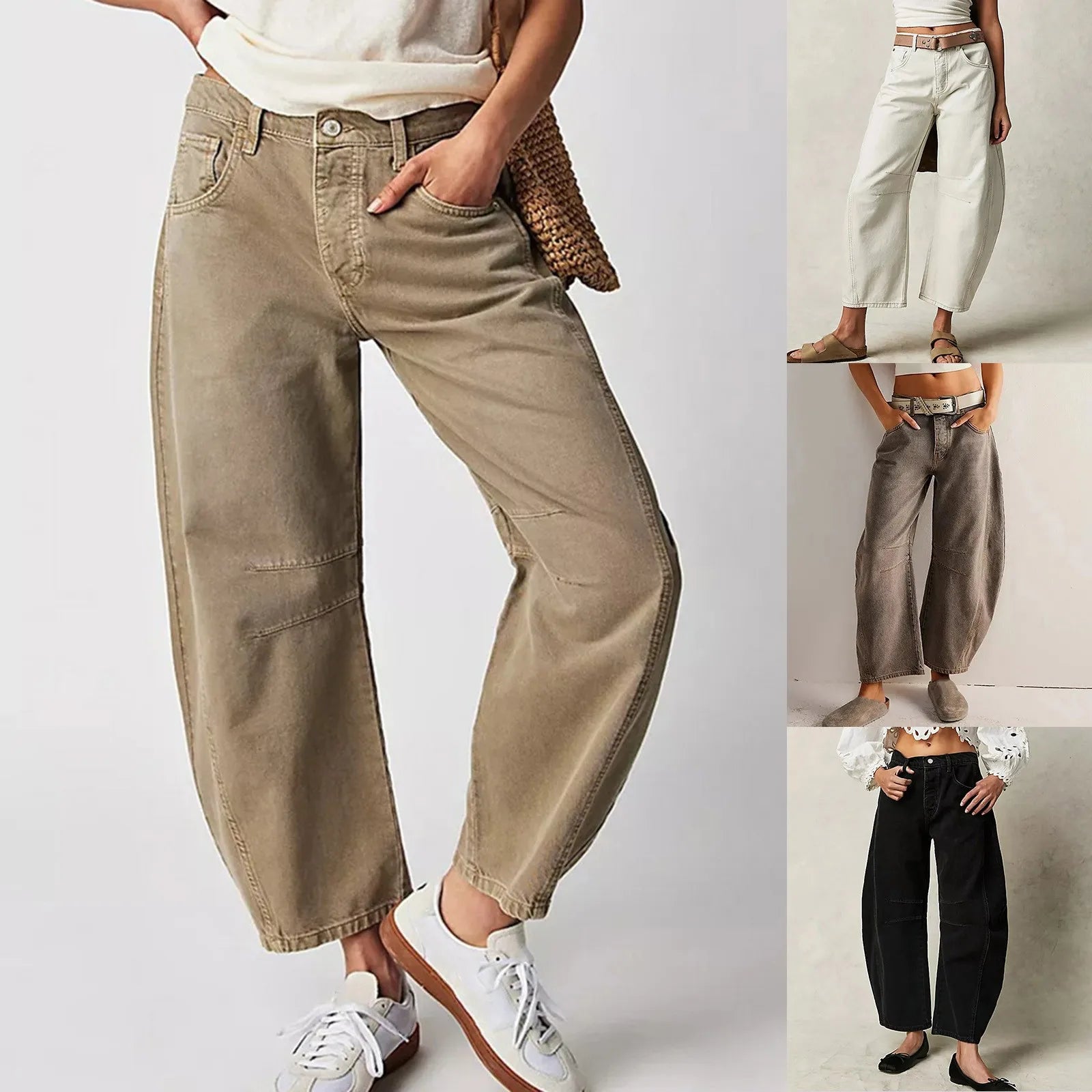 Women's Mid Rise Barrel Leg Cropped Denim Jeans with Relaxed Wide Leg Silhouette