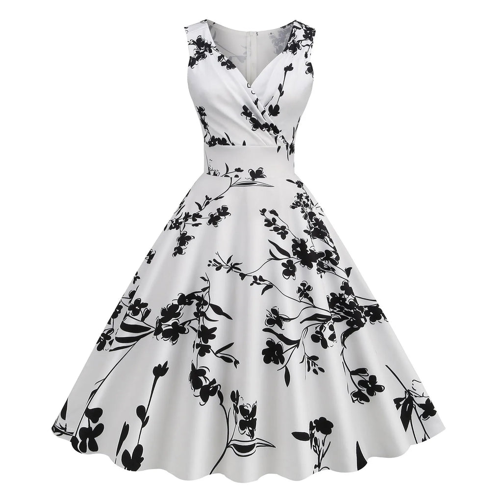 Vintage Floral Print Sleeveless Alternative Swing Midi Dress
