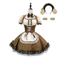 Earth-Toned Bear Maid Cosplay Dress with Corset Lacing, Plaid Bow, and Ear Headband