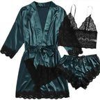 Romantic 4-Piece Satin-Finish Sleepwear Set with Bold Black Lace Trim