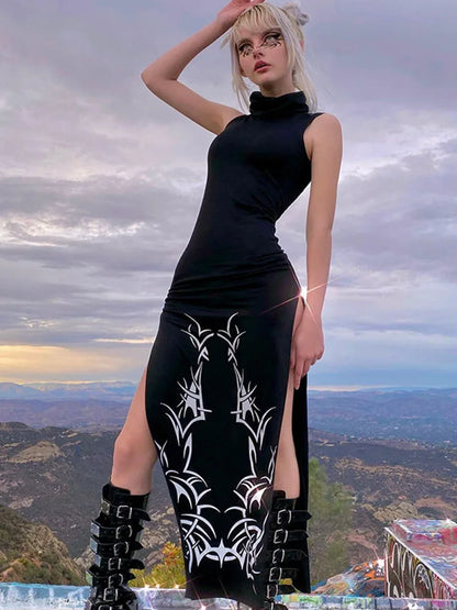 Dark Fantasy Split-Leg Gothic Dress with Alternative Streetwear Aesthetic