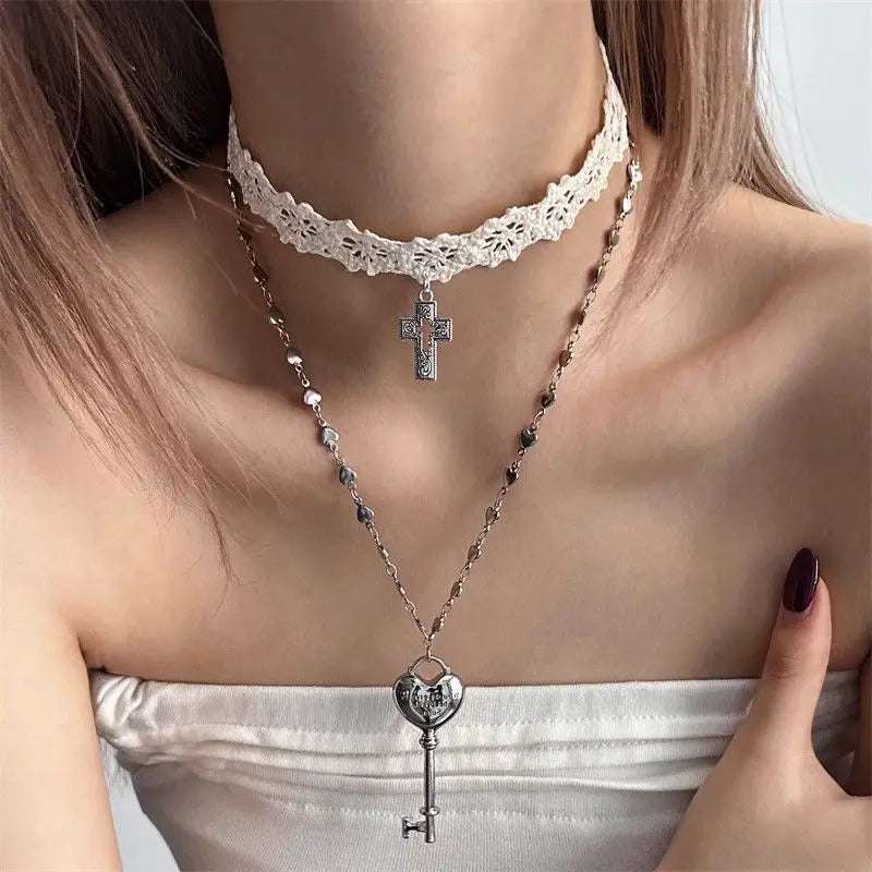 Layered Lace Choker Necklace Set with Key Pendant Gothic Aesthetic