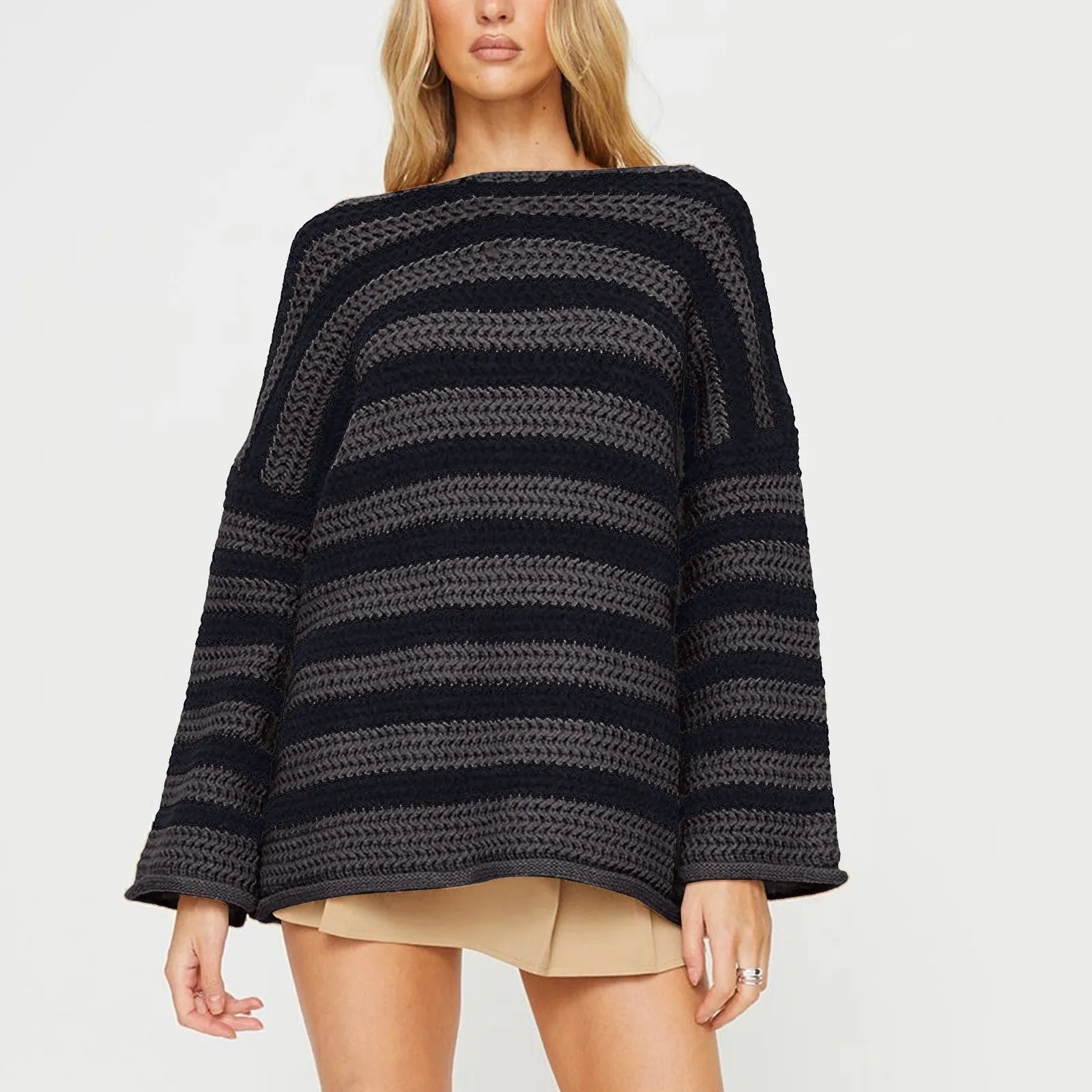 Women's Oversized Striped Crew Neck Relaxed Knit Pullover Sweater With Soft Texture
