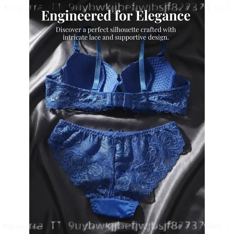 Cobalt Blue Floral Lace Contour Push-Up Bra and Matching Hipster Panty Set