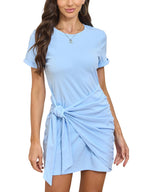 Short Sleeve Front Tie Ruched Mini Dress with Relaxed Casual Silhouette