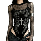 Velvet Graphic Mesh Sleeve Bodysuit for Gothic Alternative Streetwear Fashion