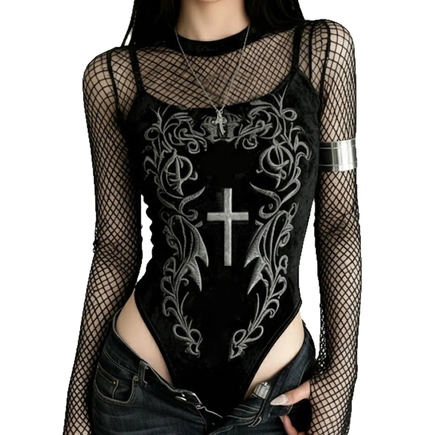 Velvet Graphic Mesh Sleeve Bodysuit for Gothic Alternative Streetwear Fashion