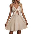 Bow Front Strappy Mini Dress With Flared Skater Silhouette And Open Front Detail