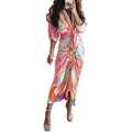 Abstract Print Maxi Dress with Belted Waist and Long Sleeves