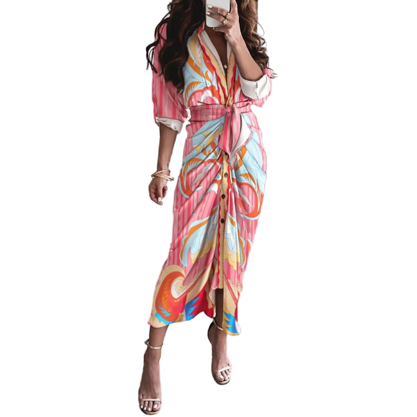 Abstract Print Maxi Dress with Belted Waist and Long Sleeves