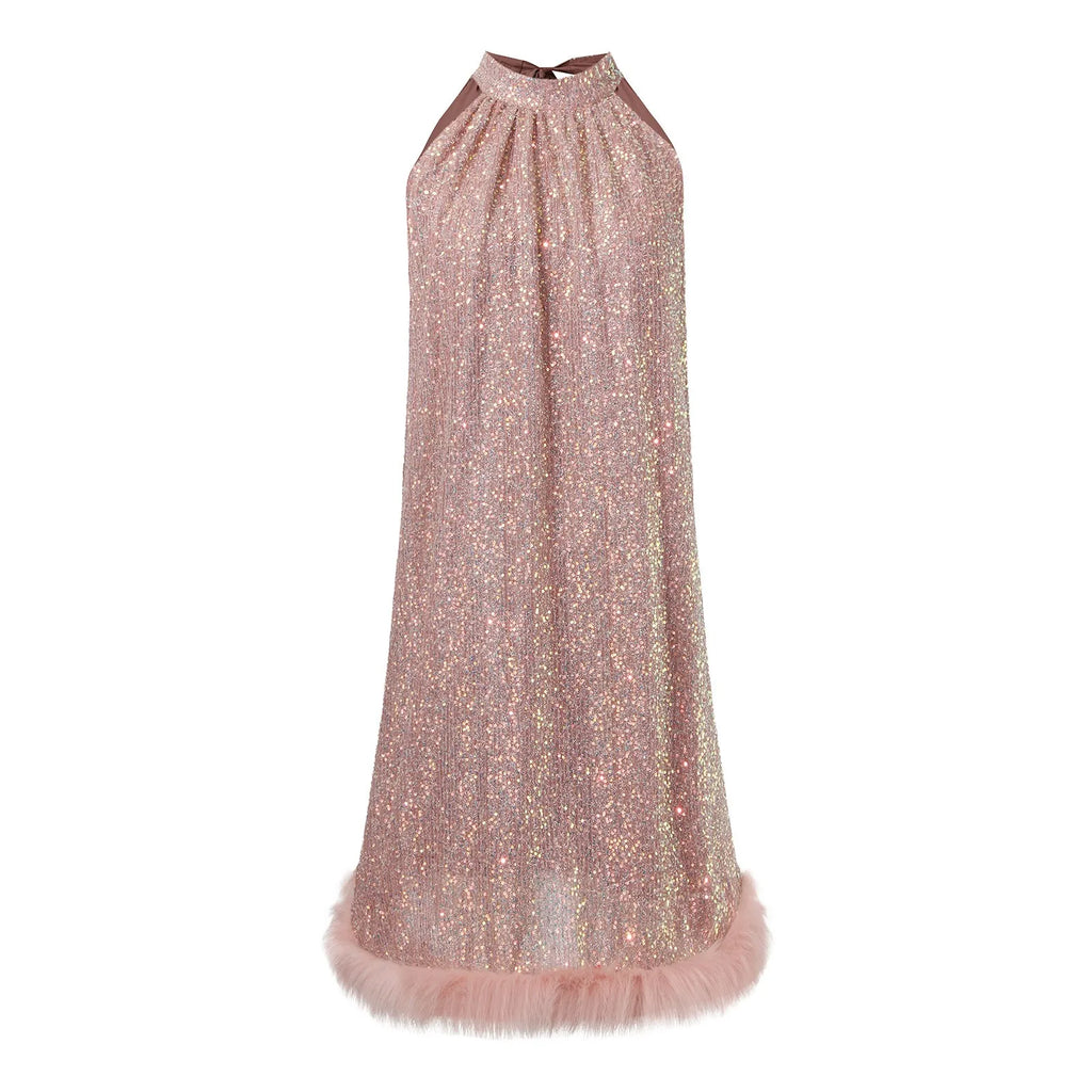 Rose Gold Sequin Halter Mini Dress with Satin Back Bow and Textured Hem