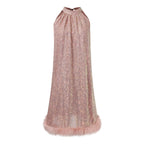 Rose Gold Sequin Halter Mini Dress with Satin Back Bow and Textured Hem