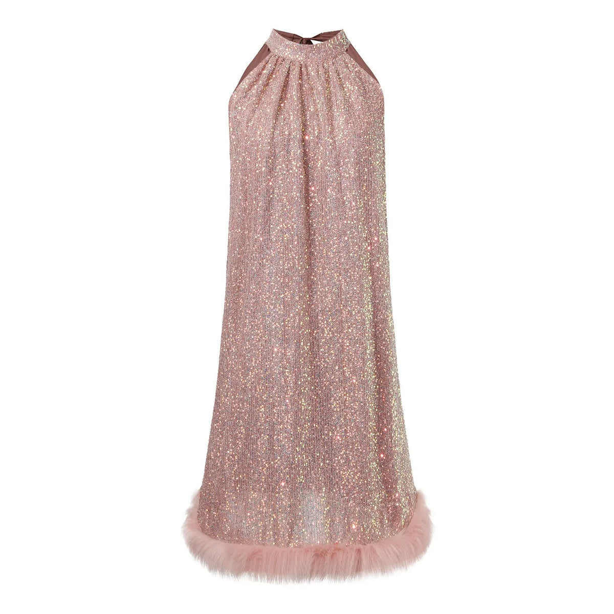 Rose Gold Sequin Halter Mini Dress with Satin Back Bow and Textured Hem