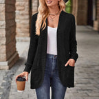 Women's Open Front Textured Cardigan with Pockets and Relaxed Long Sleeve Fit
