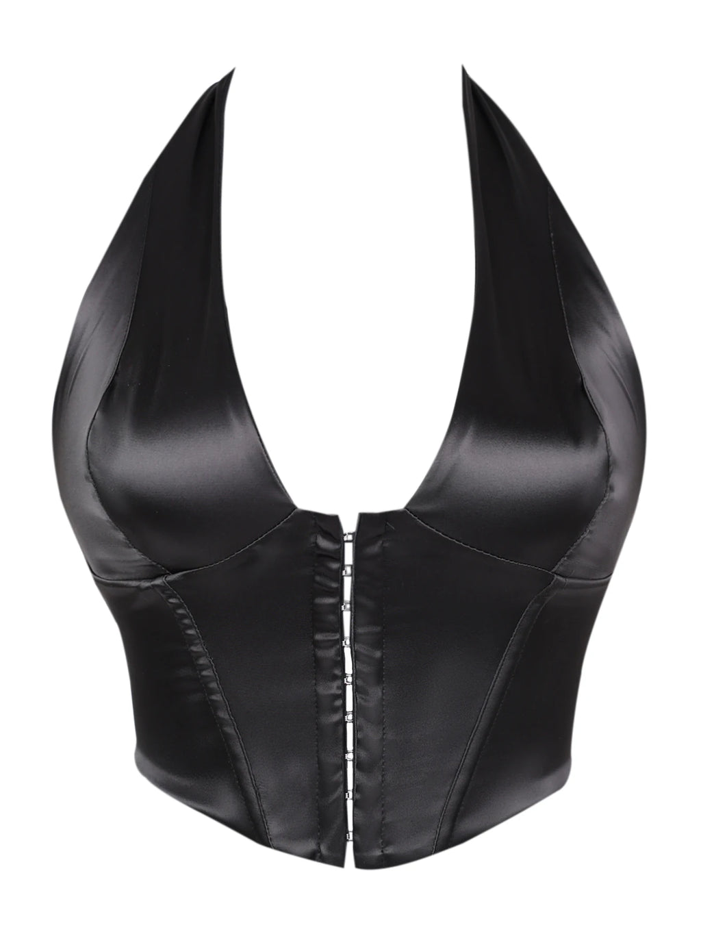 Sleek Black Satin Halter Bustier with Deep V-Neckline and Front Hook Closure