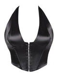 Sleek Black Satin Halter Bustier with Deep V-Neckline and Front Hook Closure